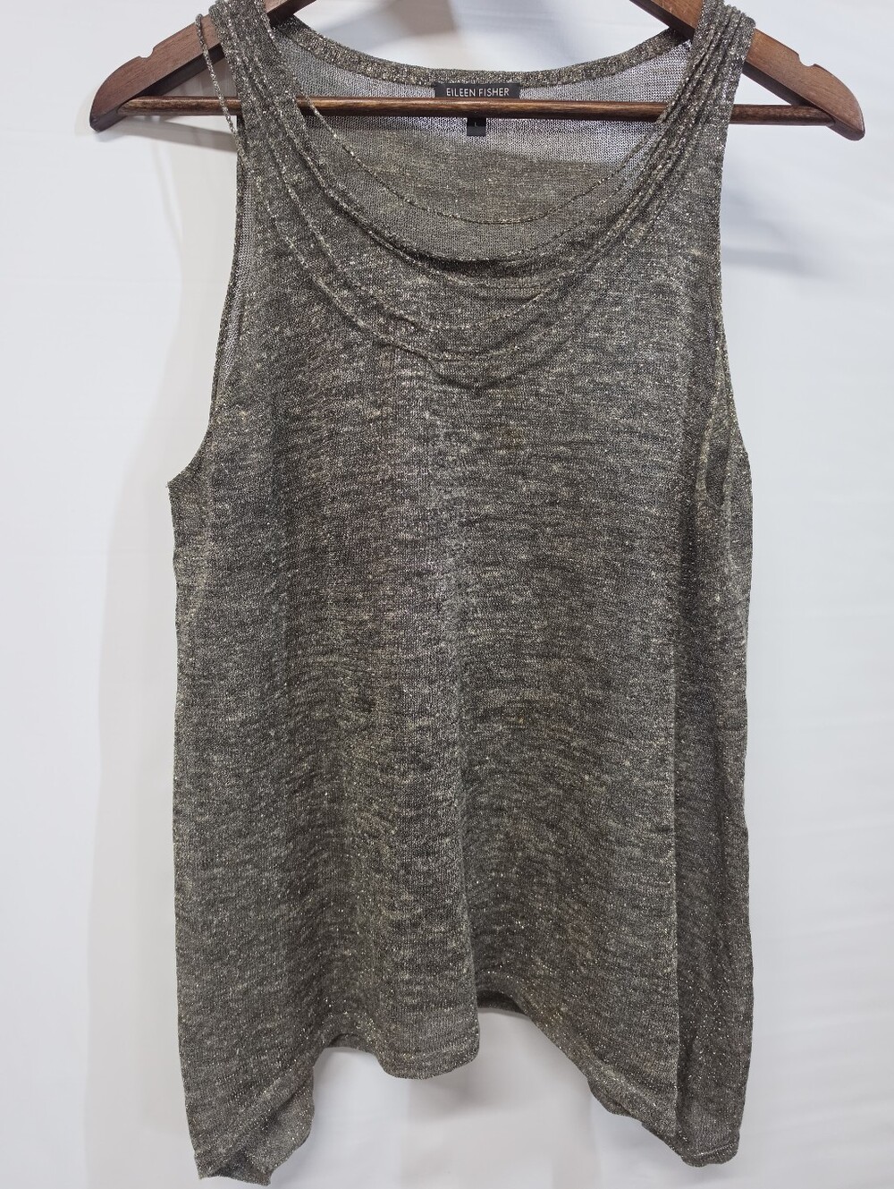 Eileen Fisher Linen Metallic Shimmer Cowl Neck Tank Top L Greyish Gold